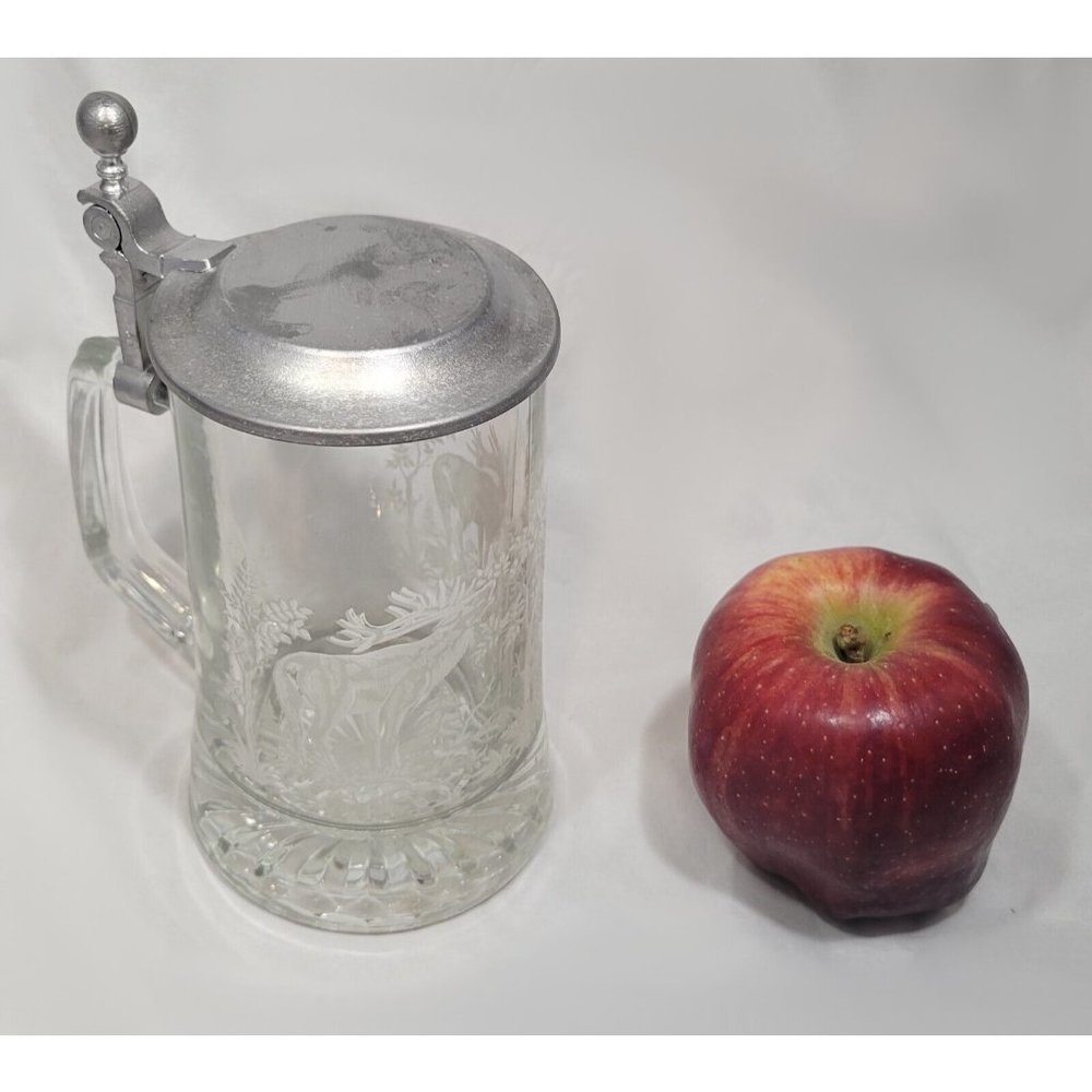 Vintage Glass Beer Stein  Pewter Lid Deer Design By Domex 95% Zinn